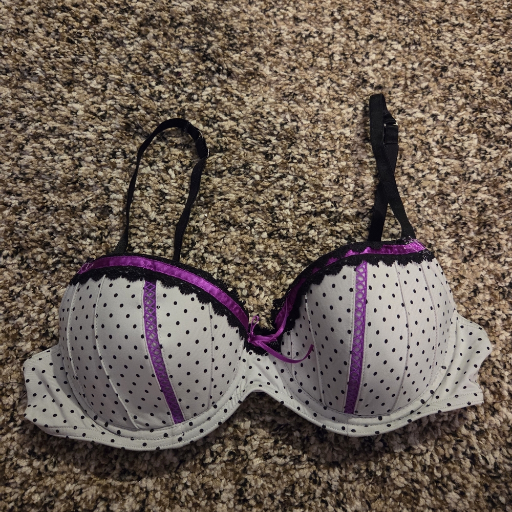 Candie's White Polka Dot Bra with Purple Trim and Black Straps